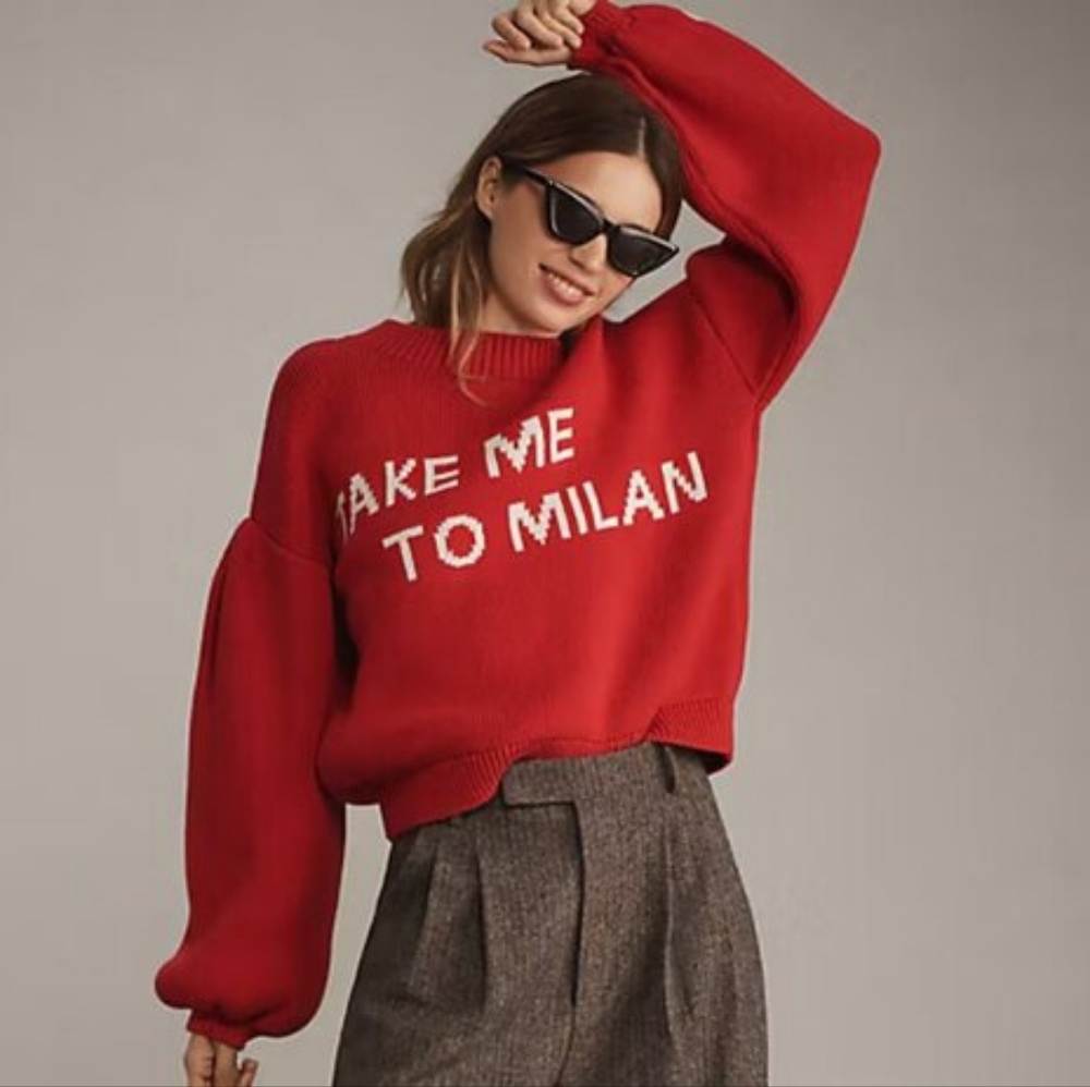 Maeve Red 'Take Me To Milan' Crewneck Sweater